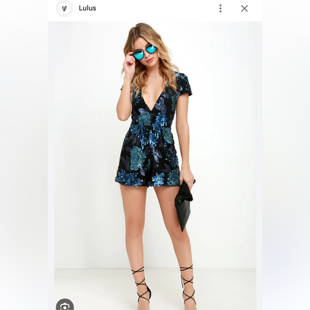 Luxxel Black Romper with Teal & Purple Sequin Floral Embroidery - Picture 2 of 5